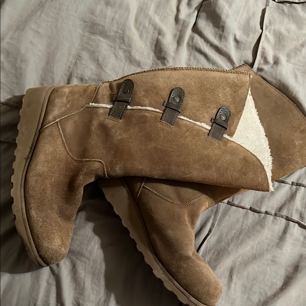 BearPaw Women's Tan Suede Moccasin Boots with Shearling Trim